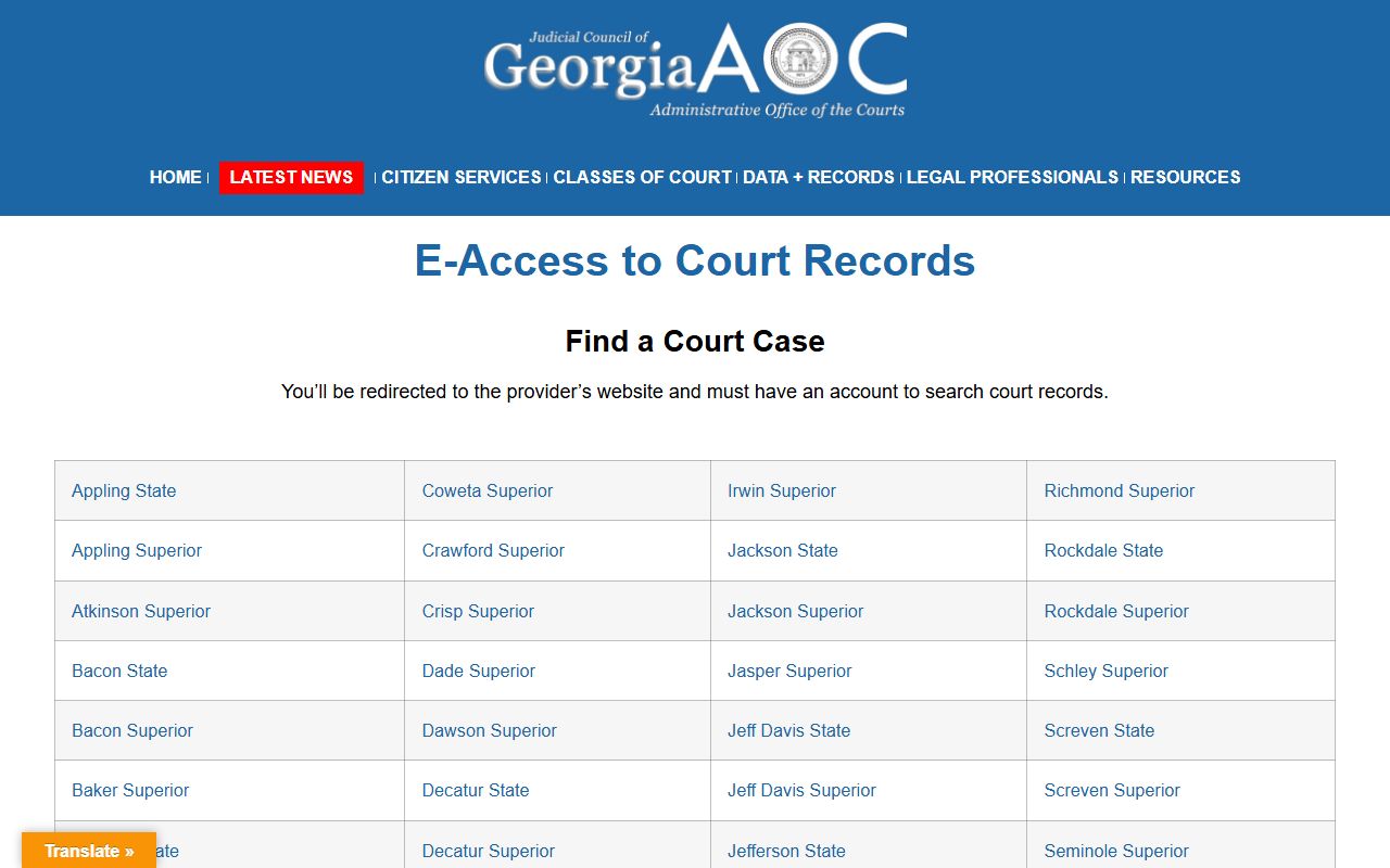 Stephens County court records after arrest Georgia Courts e-access page